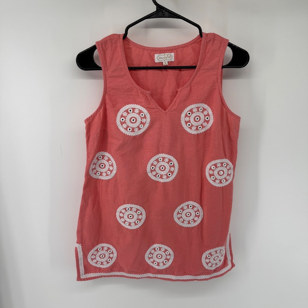 Mud Pie Womens Coral Pink Embroidered Medallion Cotton Tank Top V-Neck Small